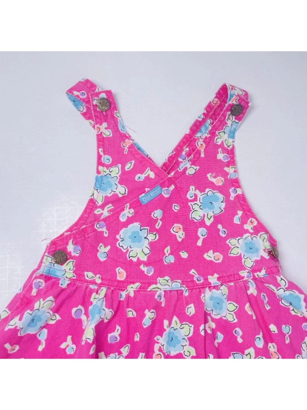 Vintage Oshkosh Toddler Girls Pink Cross Over Floral Denim Overalls Dress 4T